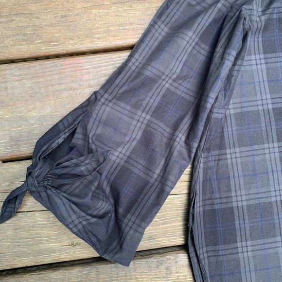 Tibi Blue Black Cotton Off The Shoulder Plaid Tie Sleeves Tunic 2 - Picture 3 of 15